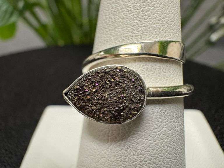 Sterling Silver 925 Titanium Coated Druzy Agate Crystal Stone Ring Adjustable Spoon Band