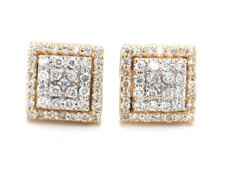 10kt two tone gold diamond pave square stud earrings