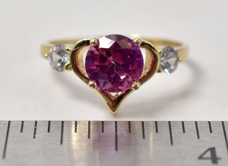 Amazing 10K Yellow Gold Pink Sapphire and CZ Gemstone Ring