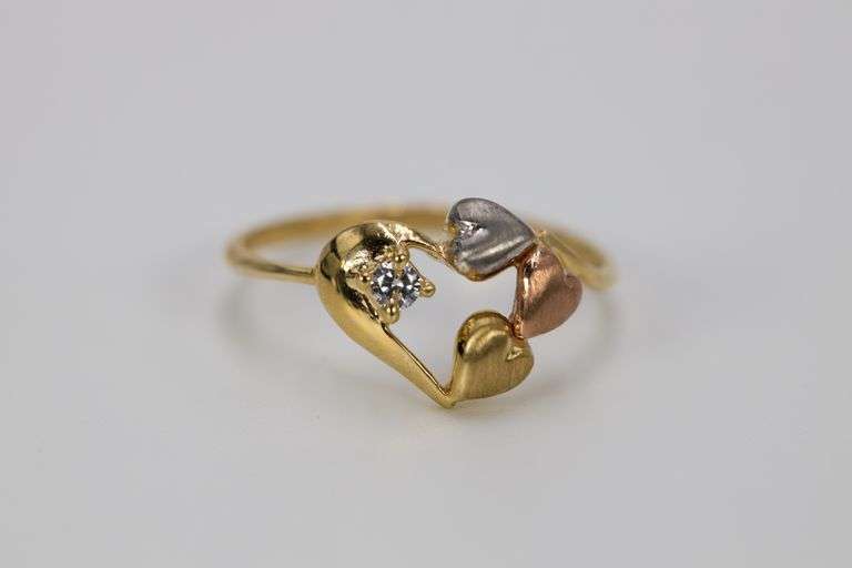 10k Yellow Gold Round White CZ Tri-Color Heart White Rose Promise Ring Band Size 6.5