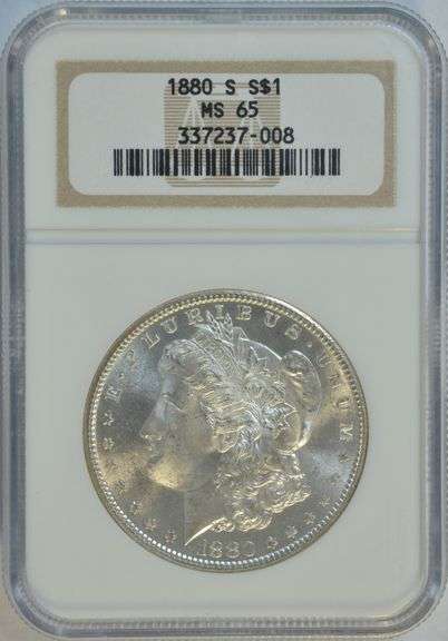 Solid Gem BU 1880-S Morgan Silver Dollar. NGC MS65