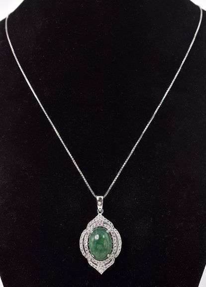 Fantastic 9.35CTS Oval Shaped Cabochon-Cut Natural Emerald &1.20CTW White Sapphire in Sterling Silve