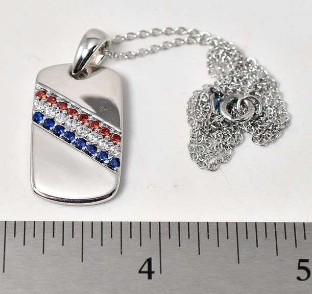 Red, White, Blue CZ Gemstone Pendant Necklace in Sterling Silver