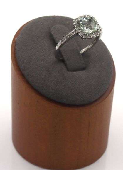 14kt White gold cushion Prasiolite diamond halo cocktail ring