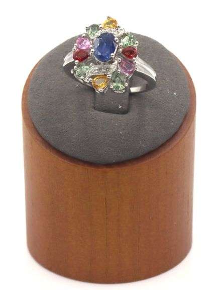14kt White gold multi color sapphire and diamond cocktail ring