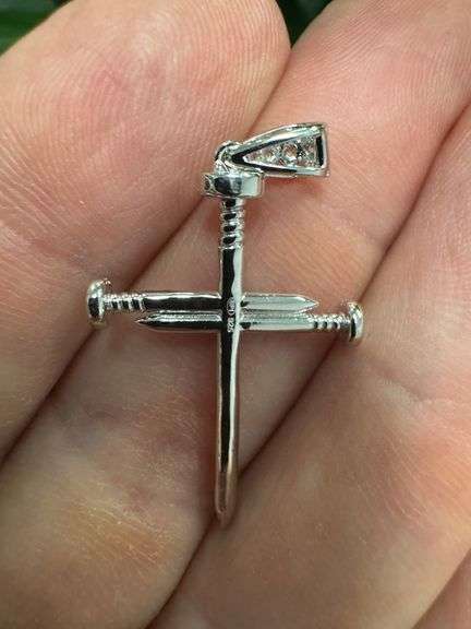 Rhodium Plated 925 Sterling Silver Nail Cross CZ Pendant