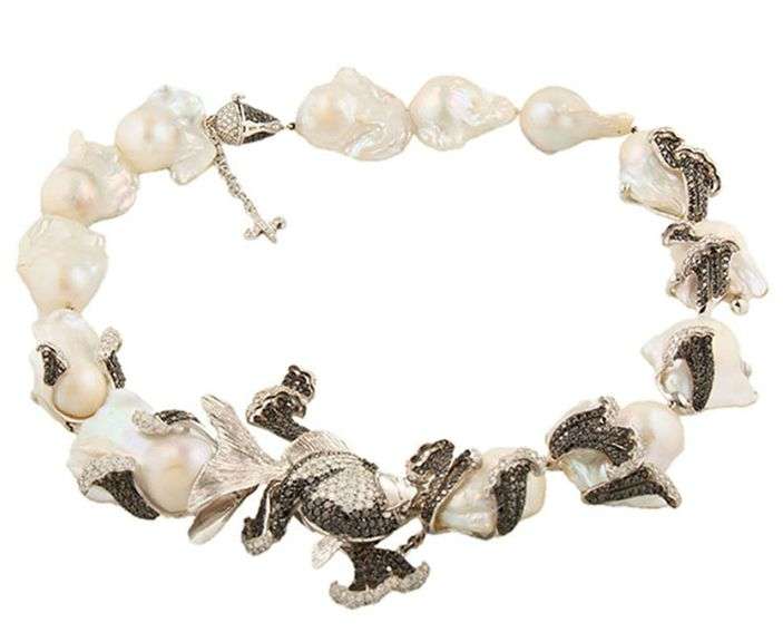 Nini Hale 17.0ctw Black White Diamond and Abstract Pearl Fish Design Necklace in 18K
