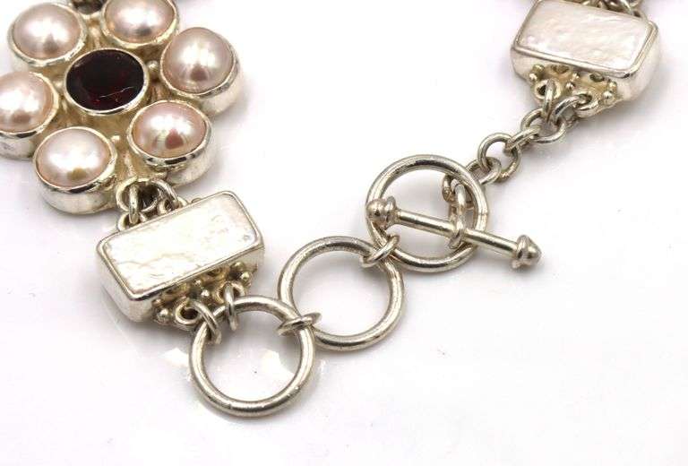925 Sterling silver Sejan signed pearl flower style link toggle bracelet