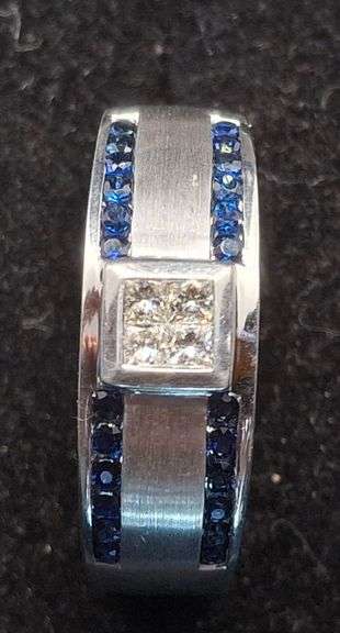 Gorgeous 14K White gold with Natural Princess cut and Round Sapphire stones Wedding Band