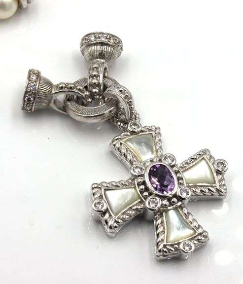 Judith Ripka pearl strand necklace with cross pendant