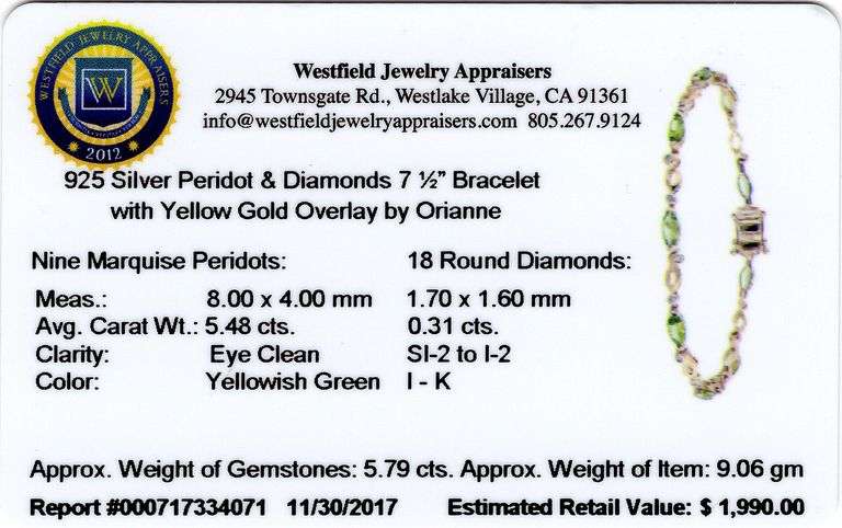 Precious 5.48CTW Marquise-Cut Peridot Gemstone & Diamond Bracelet in 14K Yellow Gold Over Sterling S
