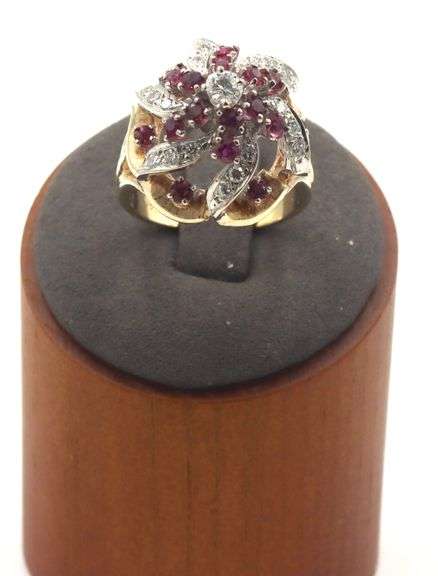 14kt Yellow gold 0.65ctw diamond and 0.55ctw ruby open art flower cluster ring