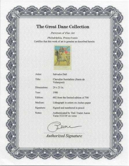 Exclusive Salvador Dali Signed Lithograph 'Chevalier Surréaliste (Jinete de Velazquez)', 1980