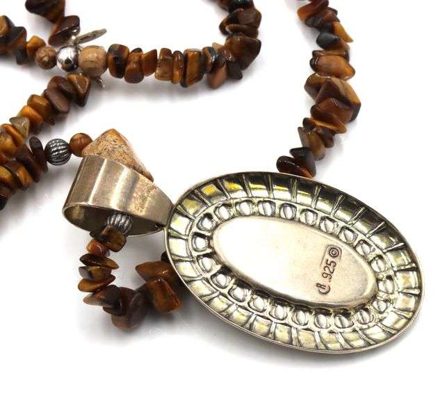 925 Sterling silver tiger eye pendant on beaded tiger eye necklace