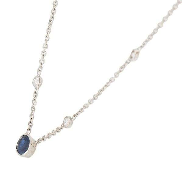 0.85ct Oval Sapphire and 0.60ctw Diamond Bezel Set Station Necklace in 14K