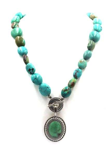 Vintage 925 sterling silver Carolyn Pollack turquoise pendant on beaded turquoise chain necklace