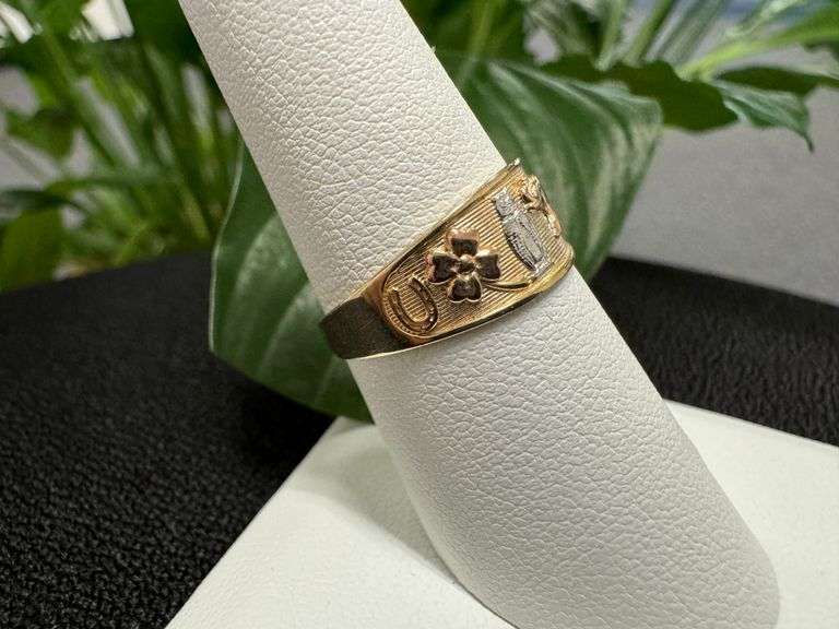 10k Yellow Gold Good Luck Horseshoe Clover Owl Elephant Thirteen Ring Size 7.5