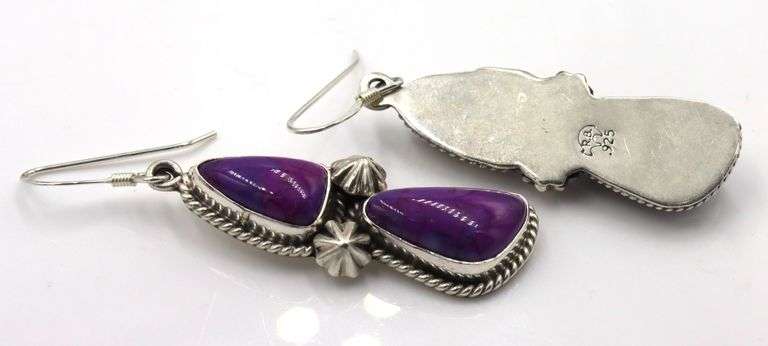 2 Pairs of 925 sterling silver signed purple turquoise earrings