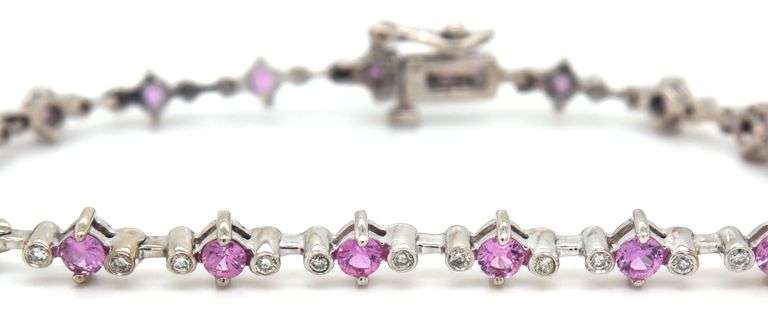 14kt White gold 0.37ctw Bezel set diamond and pink sapphire link bracelet