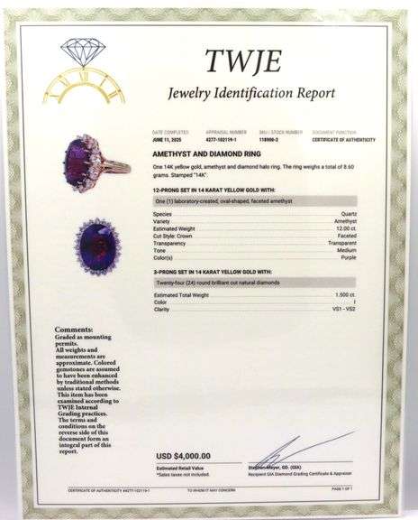 14kt Yellow gold 12ct Amethyst and 1.50ctw diamond ring
