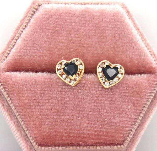 14kt Yellow gold 1ctw sapphire heart and diamond earrings
