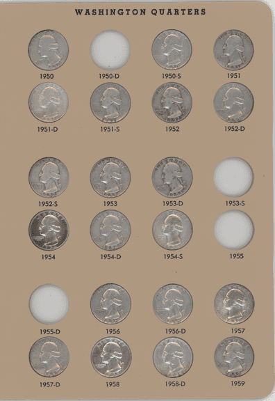 Nearly Complete Set of 111 Washington Quarters 1932 to 1979 in album