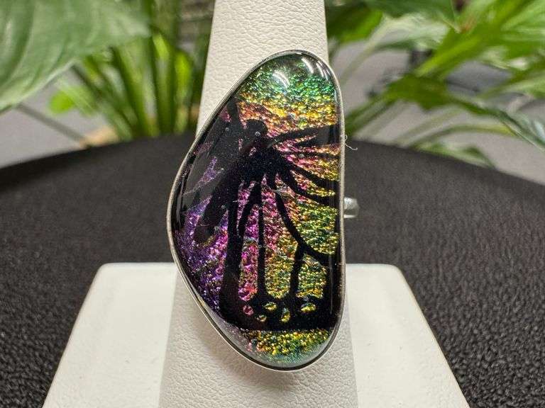 925 Sterling Silver One of a Kind Dichroic Glass Cocktail Ring Size 8