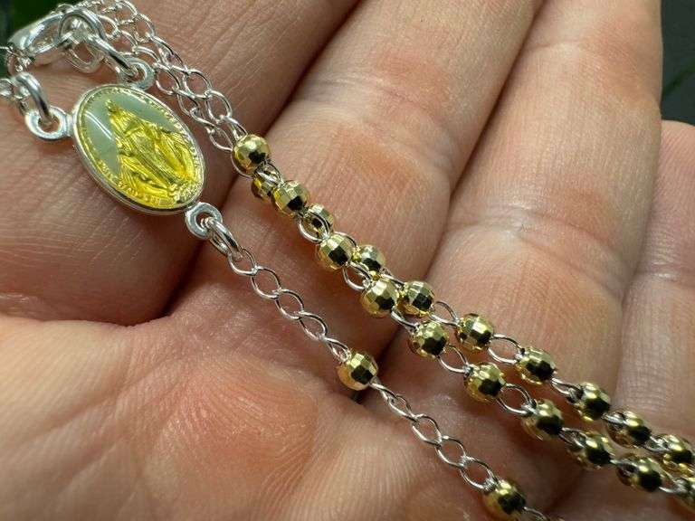 925 Sterling Silver Rosary Bead Chain Gold-Tone Necklace Catholic Jewelry