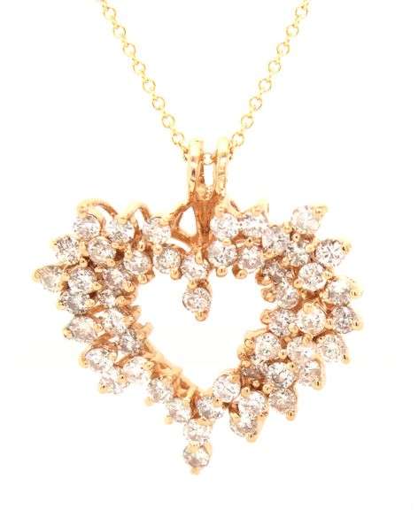 14kt Yellow gold 1.50ctw diamond cluster open heart pendant on chain