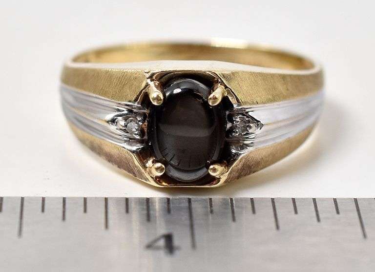 Stunning 10K Yellow Gold Golden Sheen Obsidian and Diamond Ring