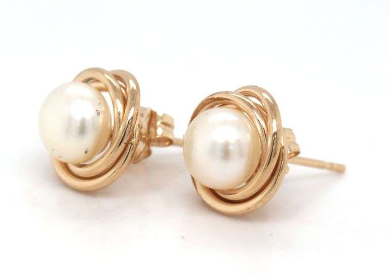 14kt Yellow gold 6mm fresh water pearl love knot earrings