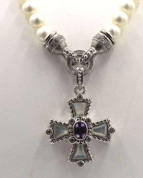 Judith Ripka pearl strand necklace with cross pendant