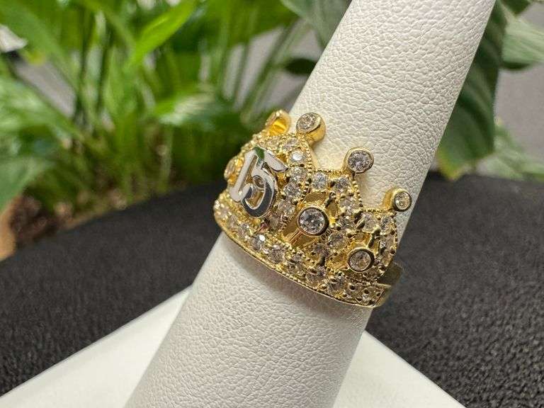 10k Yellow Gold White CZ Crown Quinceanera 15 Ring Size 7