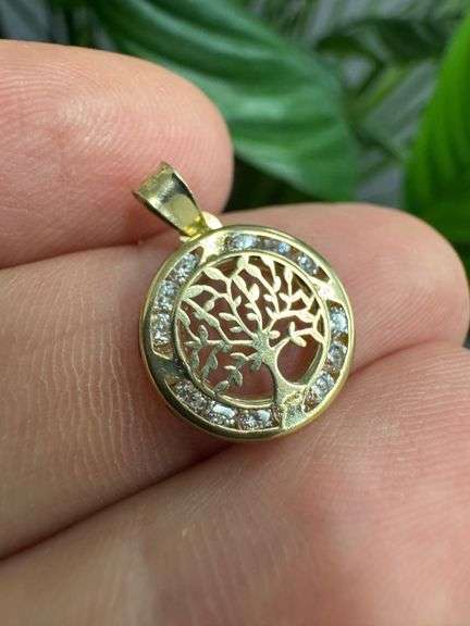 10k Yellow Gold Tree of Life Medallion with Clear CZs Pendant Unique Charm