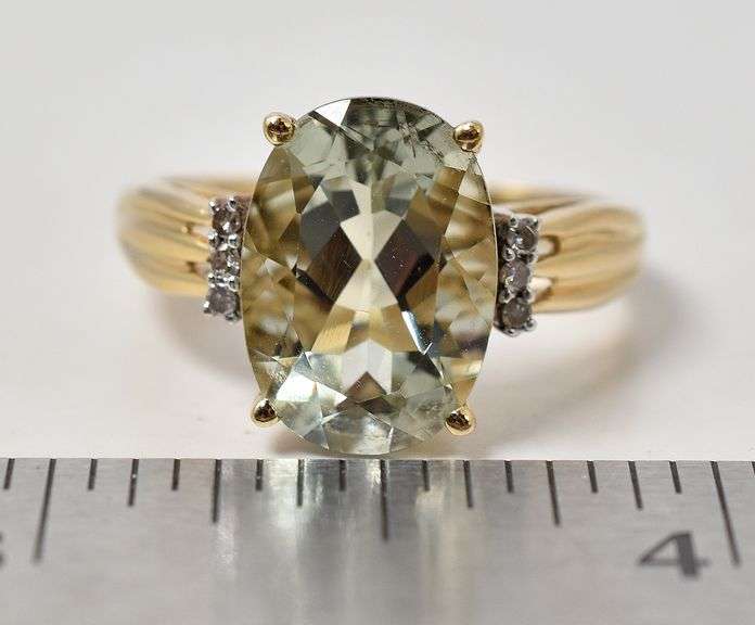 Eye-Catching 14K Yellow Gold Green Amethyst Gemstone and Diamond Ring