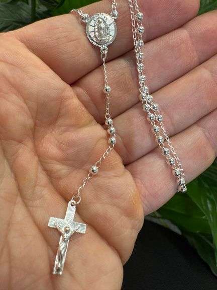High Polished 925 Sterling Silver 3mm Smooth Bead Diamond Cut Cross Rosary 22"