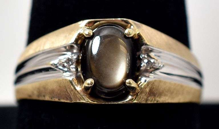 Stunning 10K Yellow Gold Golden Sheen Obsidian and Diamond Ring