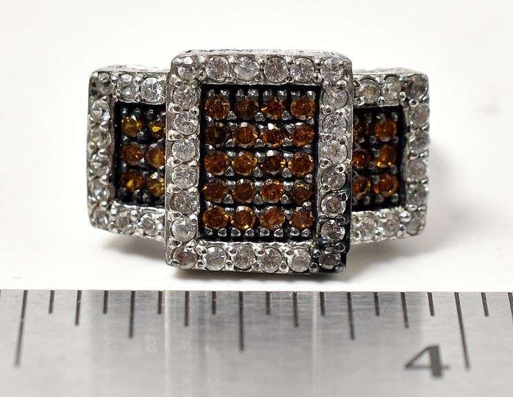 Burnt Orange and Clear CZ Ring in Sterling Silver