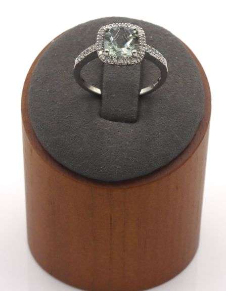 14kt White gold cushion Prasiolite diamond halo cocktail ring