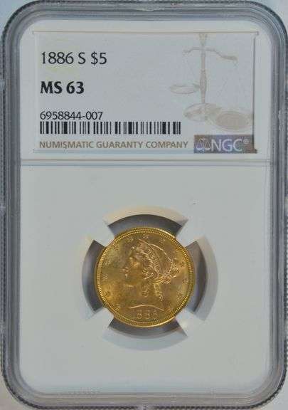Lovely Choice BU 1886-S $5 Liberty Gold Piece. NGC MS63