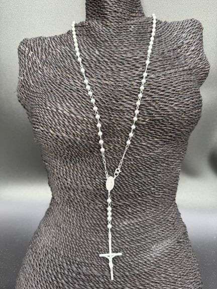 Sterling Silver Rosary Long Curb 5mm Cross Catholic Prayer Necklace 925 Chain