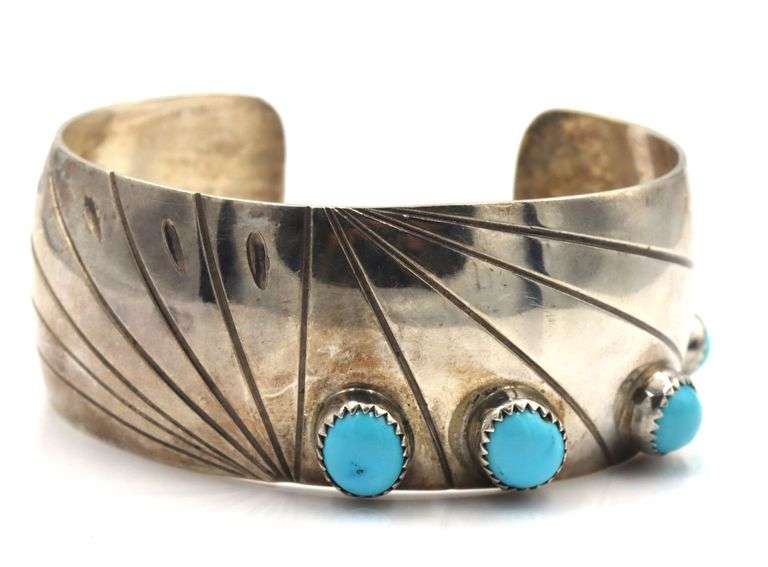 Vintage 925 sterling silver signed AME turquoise wide cuff bangle