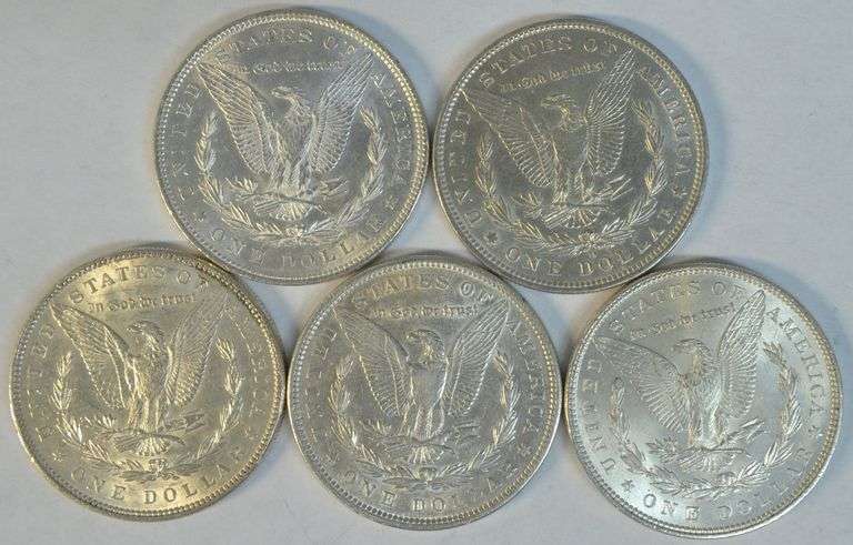 5 Diff. AU to BU Morgan Silver Dollars 1879 to 1897.