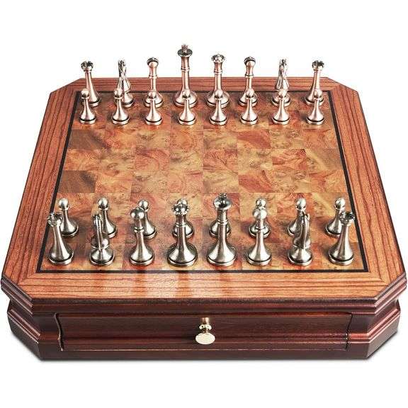Wooden Chess Set with Metal Pieces and Storage Drawers