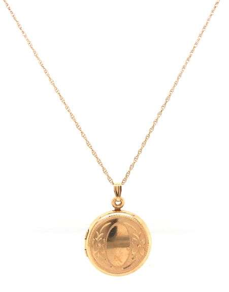 Pretty 14K YG Etched Circular Locket on Necklace