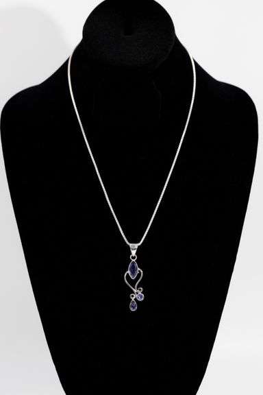 .925 Sterling Silver Necklace and Pendant w/ Iolite Gem Stones 54mm x 15mm