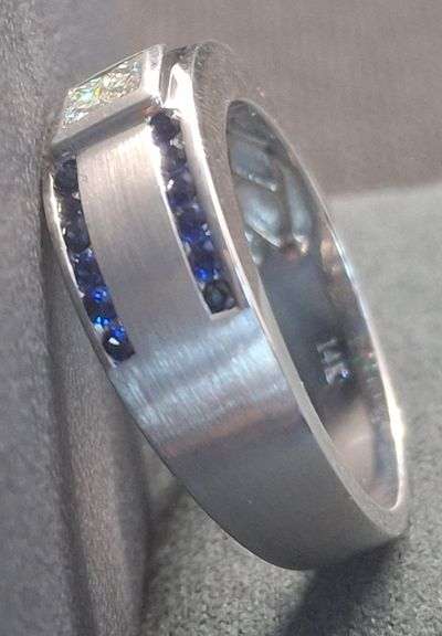 Gorgeous 14K White gold with Natural Princess cut and Round Sapphire stones Wedding Band