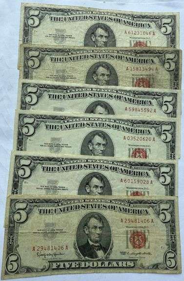 6 1963 $5 Red Seal US Notes.