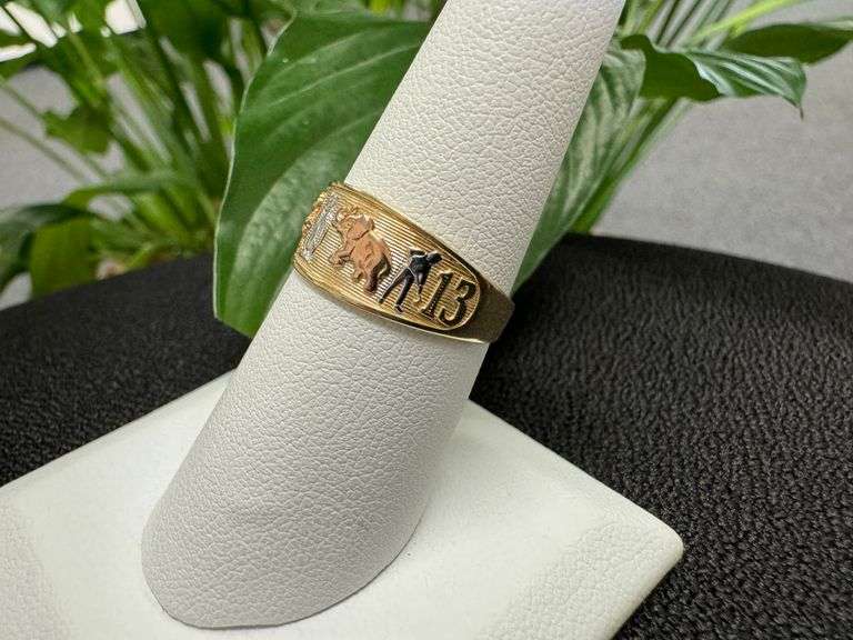 10k Yellow Gold Good Luck Horseshoe Clover Owl Elephant Thirteen Ring Size 7.5
