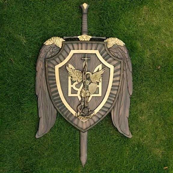 Hand-Carved Wooden Archangel Michael Shield